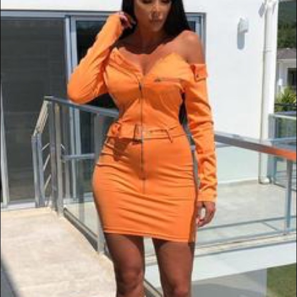 Orange Collared Zip Up Long Sleeve Dress XS